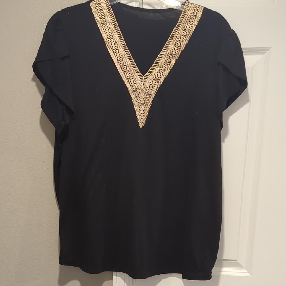 Black Top with Gold V-Neck Detail